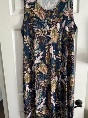 Sleeveless Navy Tropical Maxi Dress with Button Front